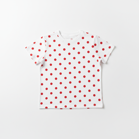 White t-shirt with red polka dots