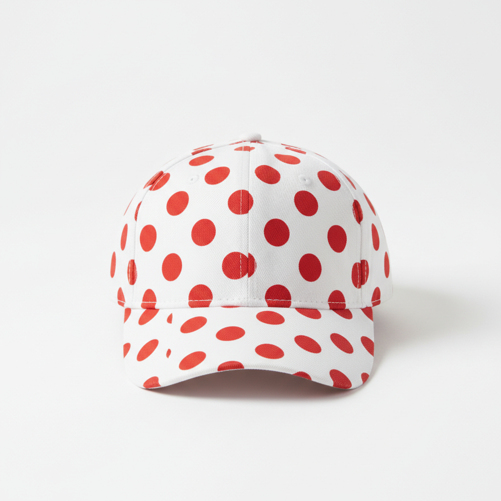 White baseball cap with red polka dots