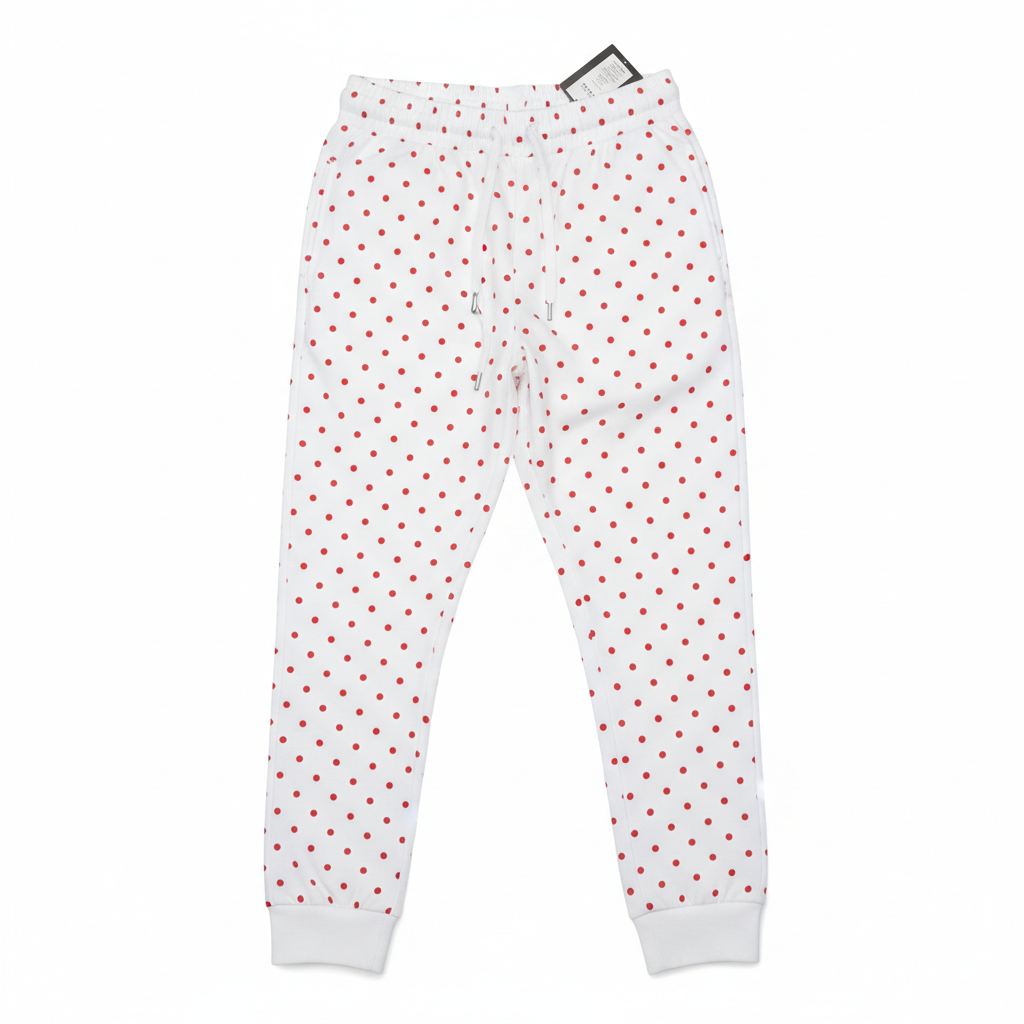 White jogger pants with red polka dots