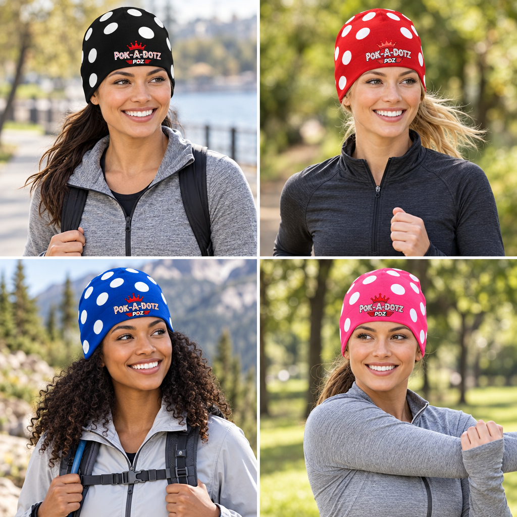 Smiling active women modeling four Pok-a-Dotz beanie colors