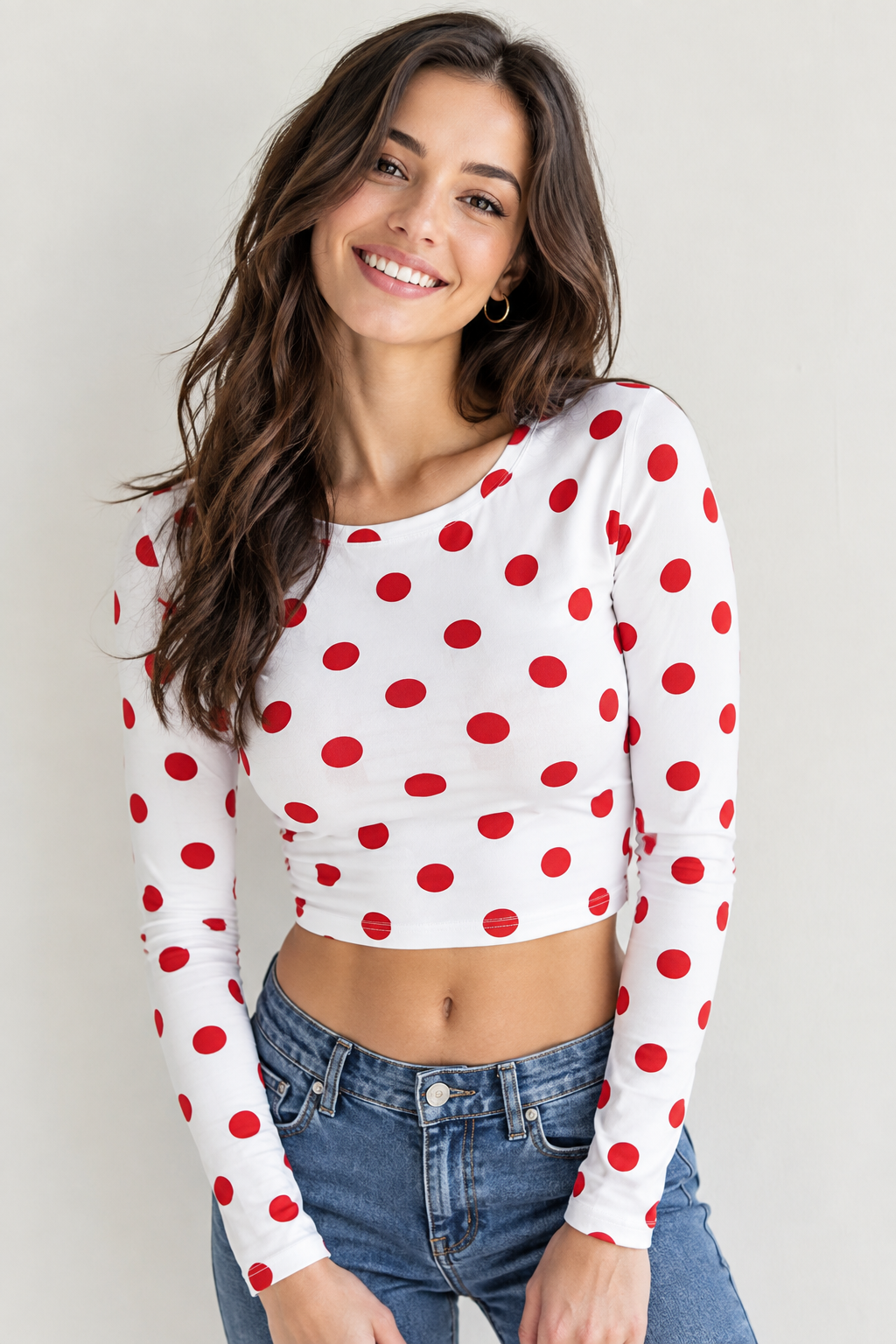 White & Red Polka Dots Recycled Long-Sleeve Crop Top