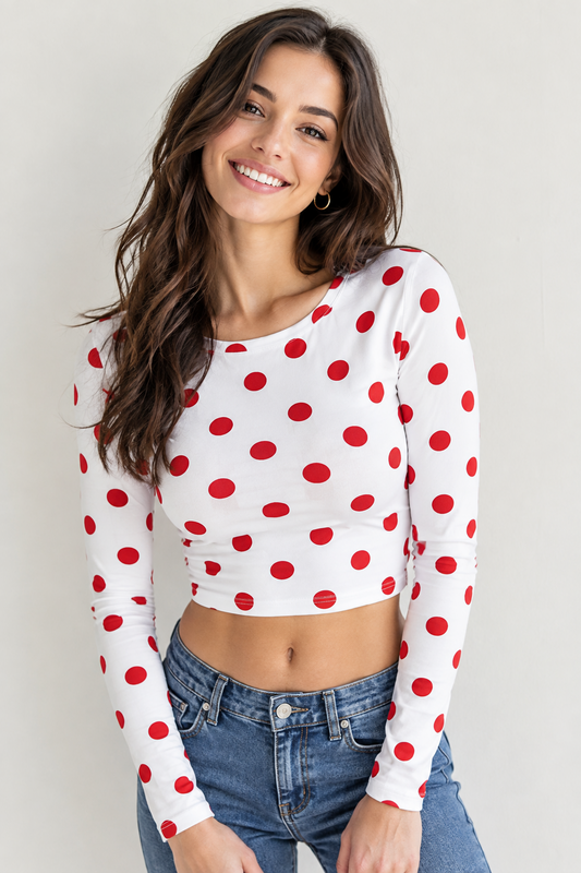 White & Red Polka Dots Recycled Long-Sleeve Crop Top