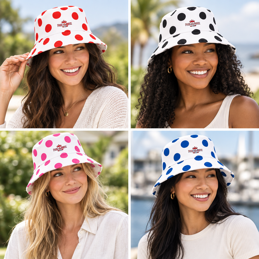 Women modeling Pok-a-Dotz polka-dot bucket hat color concepts